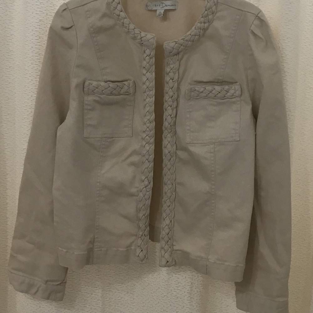 Women's Light Beige Braided-Trim Jean Jacket